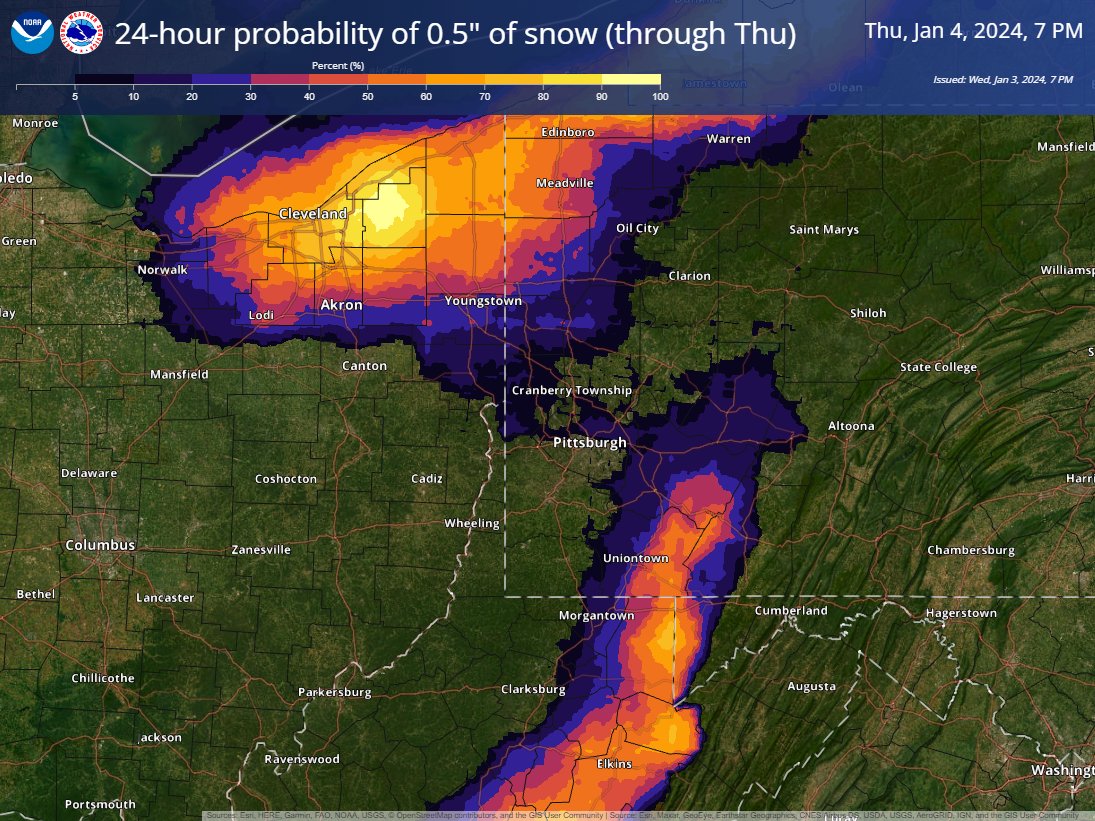NWSPittsburgh's tweet photo. Areas near Lake Erie and in the higher elevations have the best chance of seeing 0.5" of snow over the next 24 hours. 

As we said earlier, snow totals with the weekend system have been showing a downward trend in the models. Check back for updates! https://t.co/DNMFaQzezt