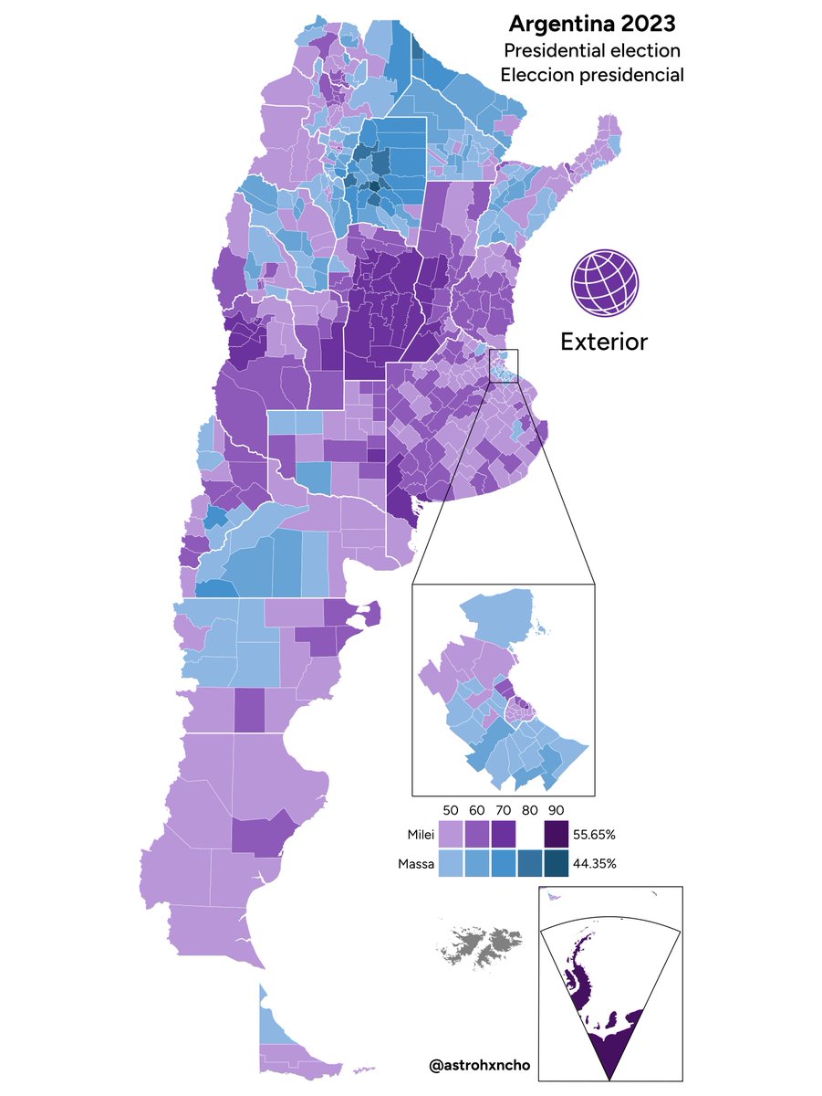 🇦🇷here's the map of the 2nd round of last year's presidential election in argentina.

amidst an economic disaster and rising inflation, libertarian javier milei won against sergio massa, the economic minister and a schrodinger's kirchernist, by 11 percent

#ElectionTwitter