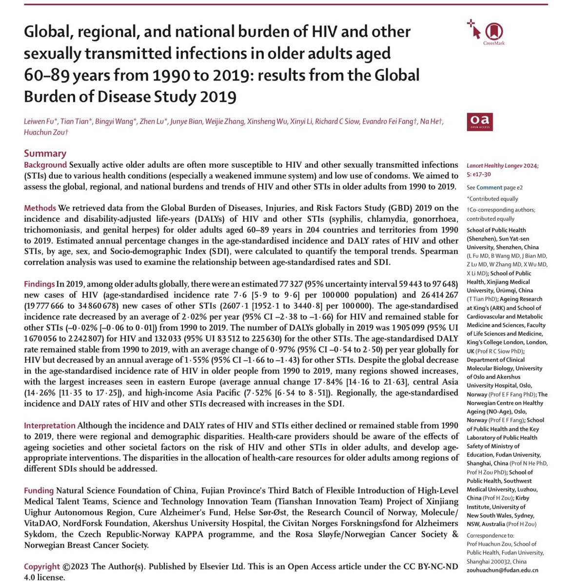 What are the statuses of HIV and other sexually transmitted infections in the elderly worldwide? With Profs. HC Zou and N He, our recent paper in @LancetLongevity gives you the answer. Your article link: authors.elsevier.com/sd/article/S26…