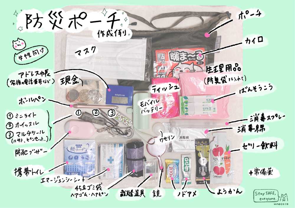unococonut's tweet photo. 防災ポーチの作成例を作りました。

防災ポーチを持ち歩くことで、災害や事故に巻き込まれた際に自分や他の人を助けることができます。
必要な方に届きますように。

皆さまどうぞご安全に！
#地震 #防災 https://t.co/JzCJcRRCv3