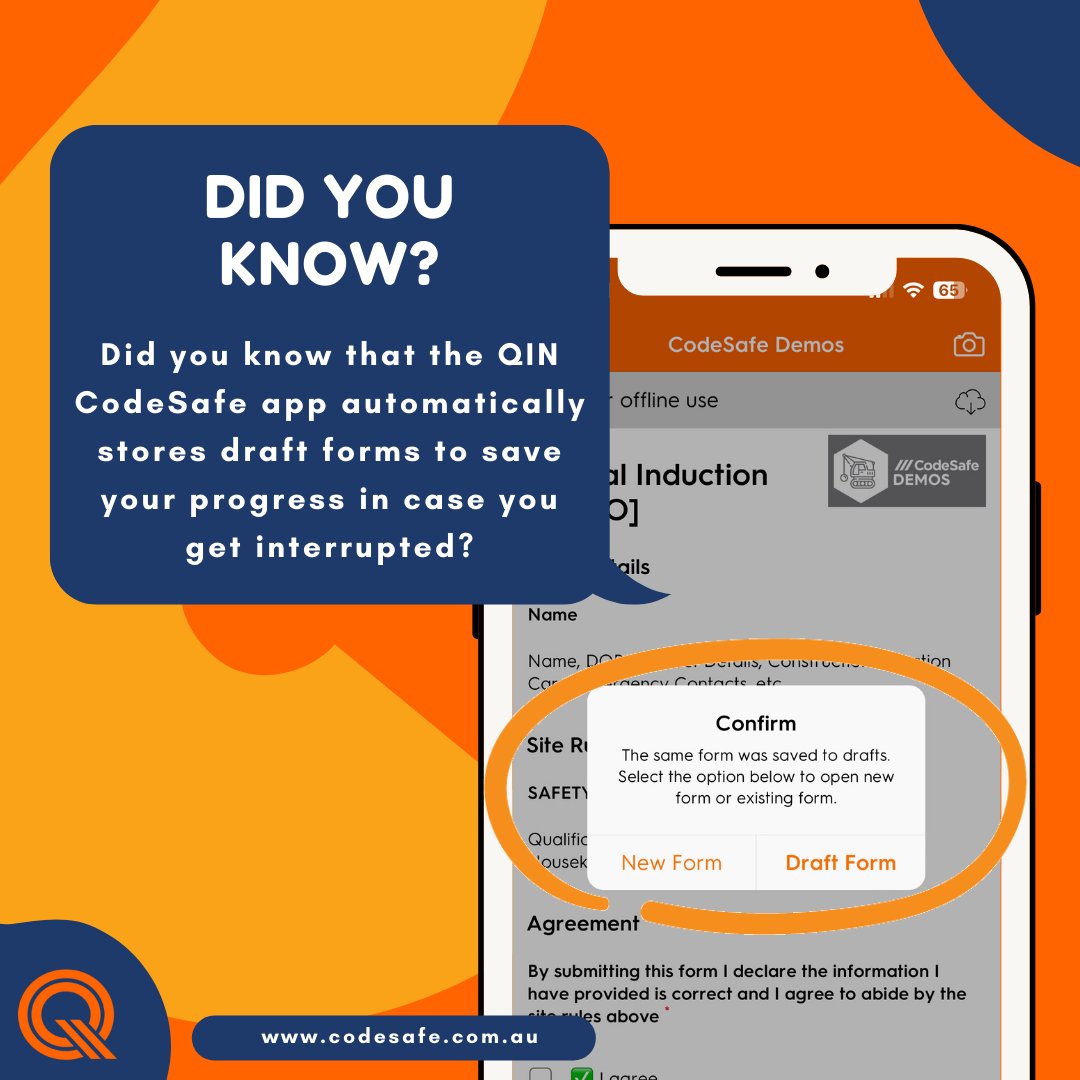 CodeSafe_Media's tweet photo. Did you know that the QIN CodeSafe app automatically stored draft forms to save your progress in case you get interrupted? https://t.co/qNhBtSbHe4
1300 475 557 https://t.co/CpFFlsHhON