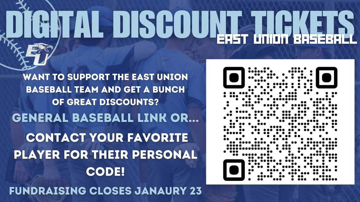 EastUnionBaseb1's tweet photo. EU baseball is selling discount cards! Each card is $25 and there are some great offers from local businesses! 

Each player will receive their QR codes later next week, but here is the general team QR code. Check it out! https://t.co/PFxnxymCBe