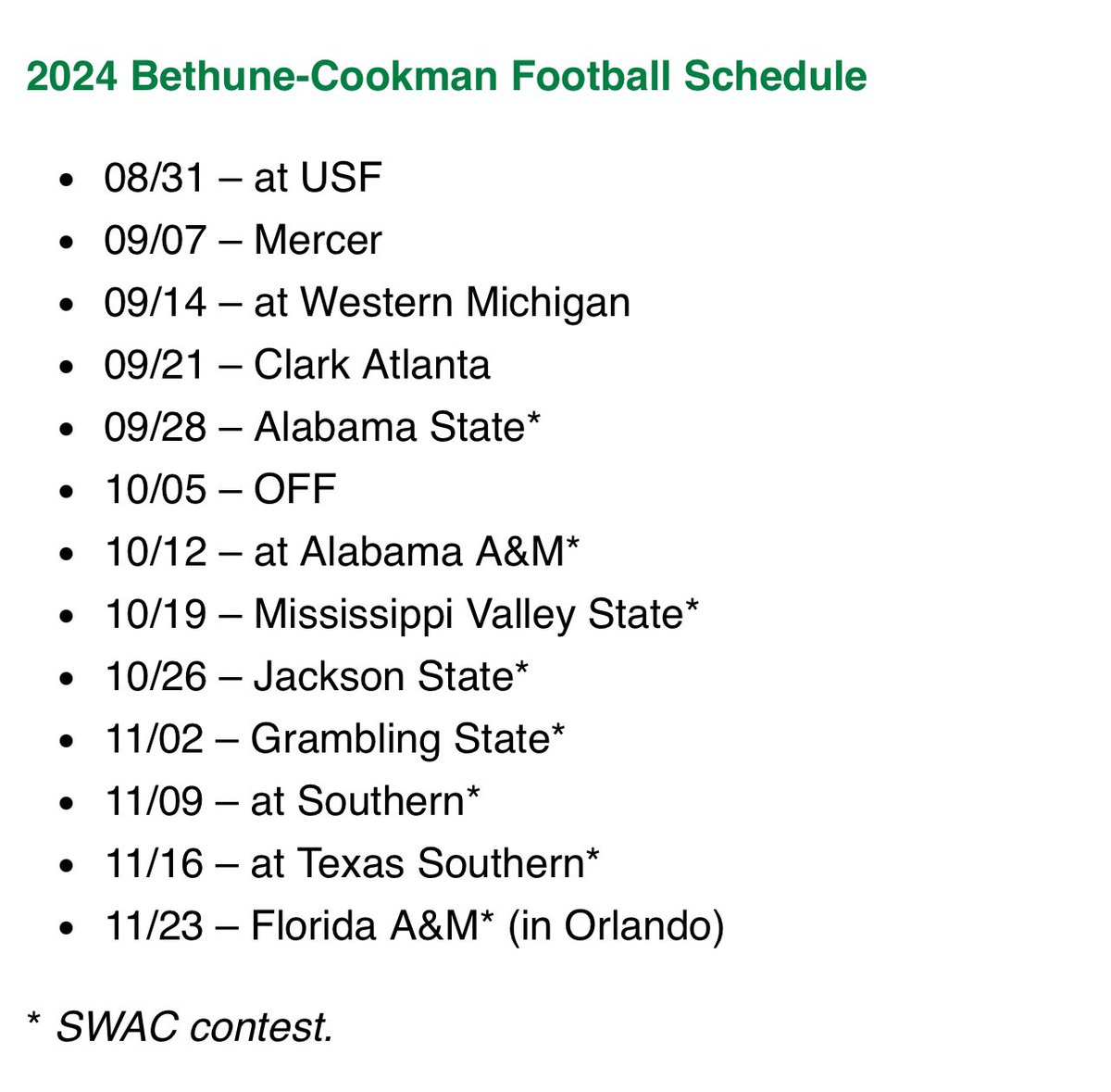 iam_mrrolle's tweet photo. According to @FBSchedules, Bethune Cookman announces the 2024 Football Schedule! #HailWildcats #PreyTogether @BCUGridiron #SWACTakeover https://t.co/QjbCYmzk85