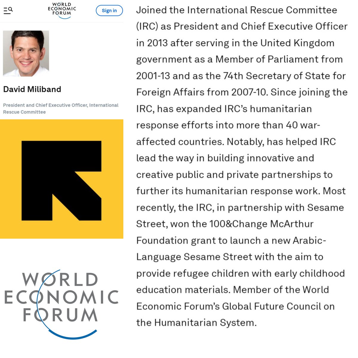 HowIsYourMind's tweet photo. @elonmusk @JamesOKeefeIII @stclairashley Read what it is about the International Rescue Committee on World Economic Forum website. https://t.co/dX9GGR7sq6
