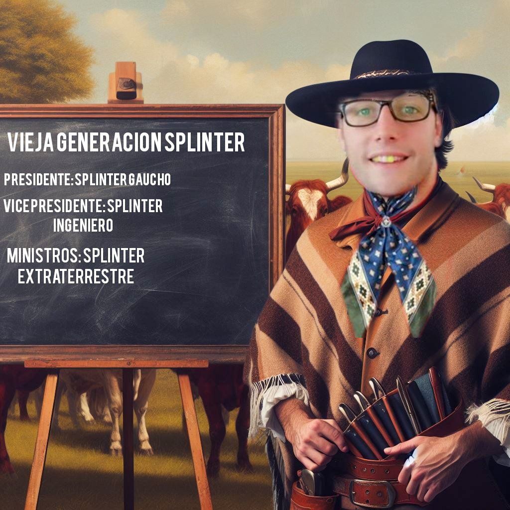 V.G.S(Vieja Generación Splinter)

Presidente:<a href="/SplinterGaucho/">Splinter Gaucho</a> 
Vicepresidente: @SplinterIngeni1 
Ministros: <a href="/AutobotSplinter/">Extra Backup</a> (y sumando) sigue abajo: