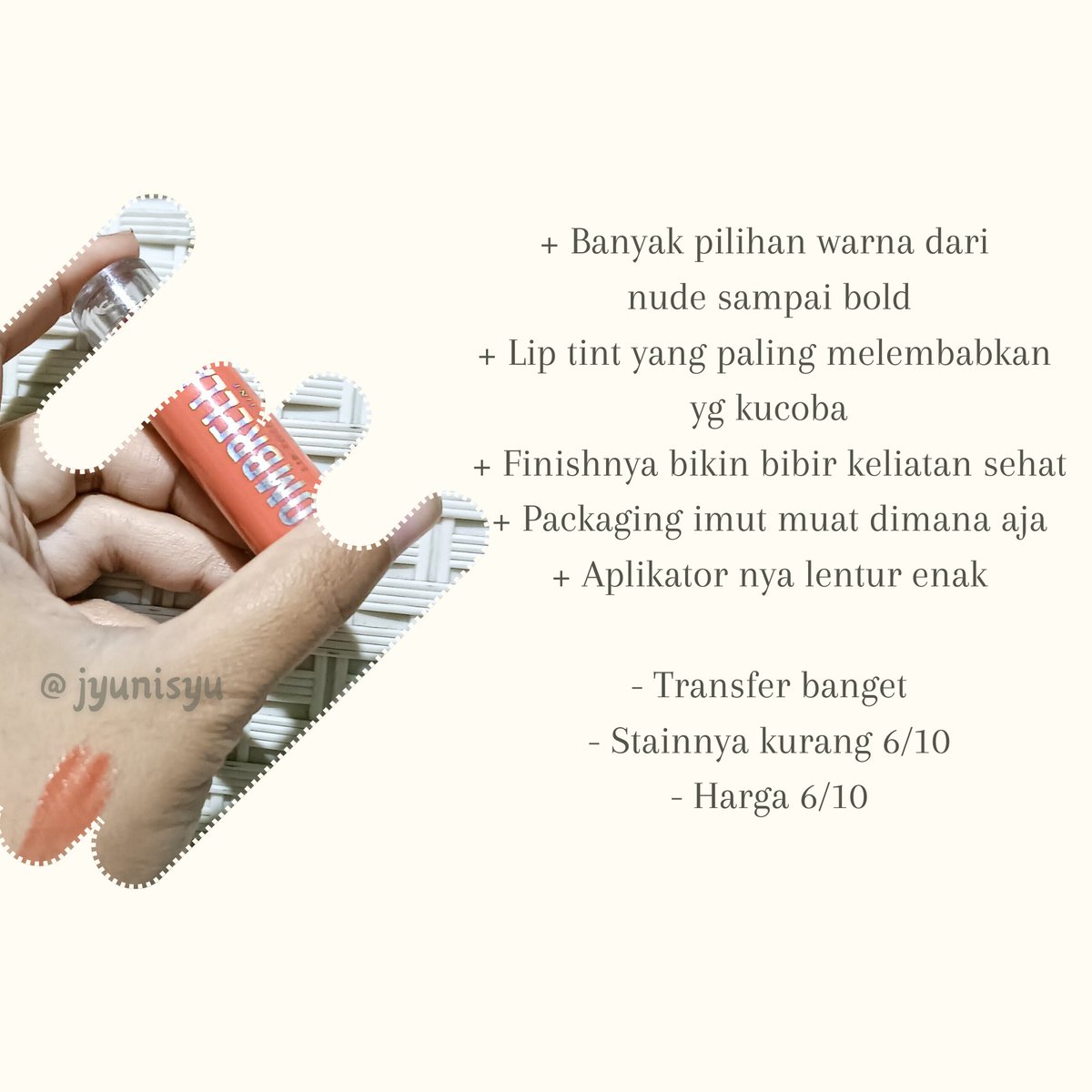 jyunisyu's tweet photo. Liptint terlembabku ~~
Hai guys aku mau review lip tintnya somethinc yg shade Twinnie nih
Teksturnya lebih ke gel gtu, ngesetnya  lama ya tapi cantik bgt klo pake ini bibir berasa sehat, review lengkap ada di pict ya
Aku beli disini btw https://t.co/POYdRmKh4a https://t.co/6NQdRj8zVr
