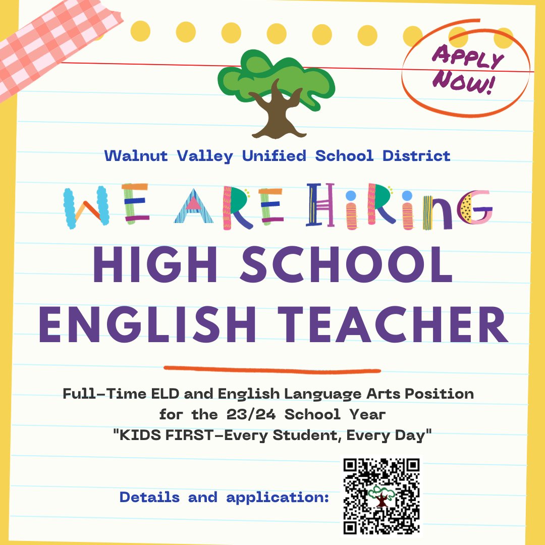 Walnut Valley HR (@wvusdhr) on Twitter photo We're hiring! Walnut Valley USD has a full-time English Teacher position open for the 2023-2024 school year. Contact Angela Garay at agaray@wvusd.org for details <a href="/WVUSD_Tweet/">Walnut Valley USD</a> <a href="/WVUSDedservices/">WVUSD Ed Services</a> #nowhiring #hiring #jobs #job #jobseeker #hiringnow #hotjob #recruit #dreamjob #WVUSD We're hiring! Walnut Valley USD has a full-time English Teacher position open for the 2023-2024 school year. Contact Angela Garay at agaray@wvusd.org for details <a href="/WVUSD_Tweet/">Walnut Valley USD</a> <a href="/WVUSDedservices/">WVUSD Ed Services</a> #nowhiring #hiring #jobs #job #jobseeker #hiringnow #hotjob #recruit #dreamjob #WVUSD
