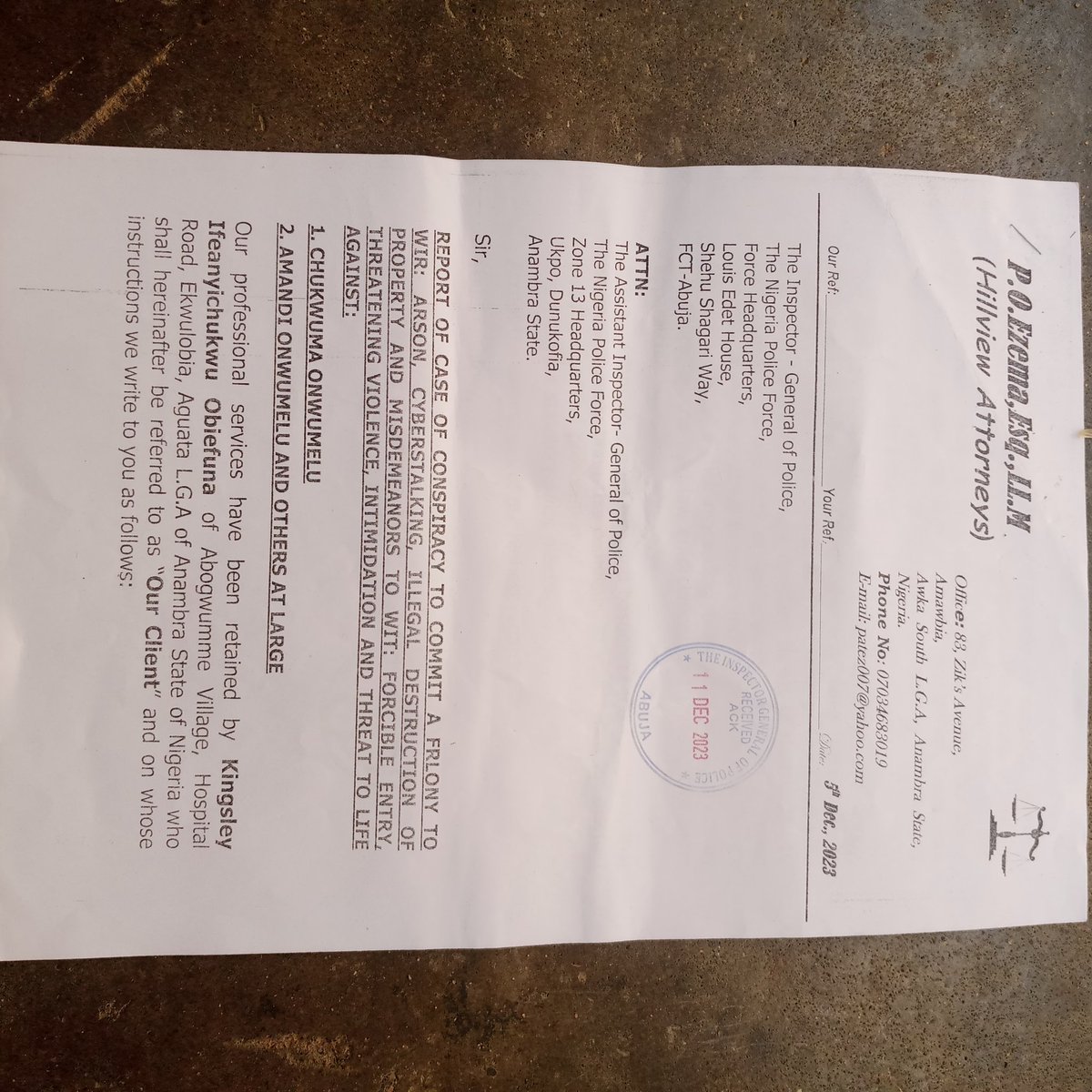 k_obiefuna's tweet photo. This is an SOS Call to the Inspector General Of Police @NPFReformOffice @PcrcNg to come to my aid in respect to a petition addressed to his office dated 03-12-2023  about multiple incidents that took place at my home in Abogwume, Ekwulọbịa, Aguata  LGA of Anambra State which https://t.co/IUqmdGHF8w