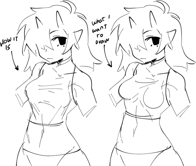 The one disadvantage of knowing how clothing folds work is that i can't draw boob/pec pockets without doing skintight clothing, and boobs dont behave that way either 😭😭😭 