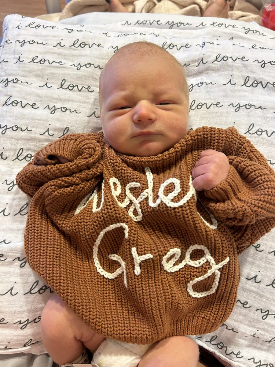CoachLitterer's tweet photo. New Years Day came…

… and just like that, our world has changed. 

Wesley Greg Litterer arrived at 3:33 PM on 1/1/24. Weighed in at 8 lbs 5 ounces &amp; measured 22.25 inches. 

Momma was incredible. We’re so in love with our little man. Praise be to God!

#HomeTeam ♥️ https://t.co/CFOoQ6AVux