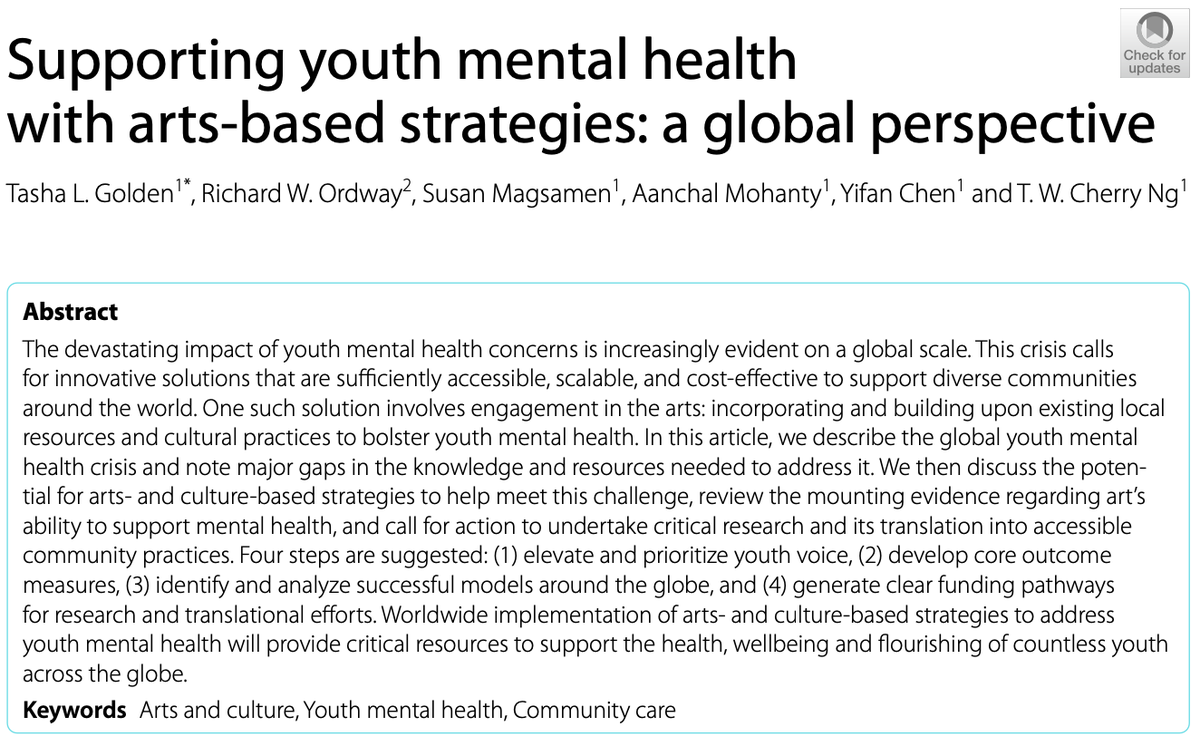 alexkrodriguez's tweet photo. Compelling new article out of the @artsandmindlab which details four steps to support youth mental health with arts-based strategies.
Congrats on this piece, @goldenthis, @susanmagsamen, & @yifanchen77 — so excited to see this work applied!
https://t.co/kadlqCDjTm https://t.co/J1KfmBHYlZ