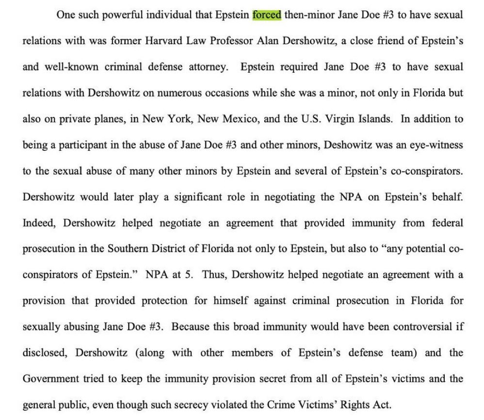 AlertaNews24's tweet photo. 🇺🇸 | LOS PAPELES DE EPSTEIN: "Epstein obligó a la entonces menor de edad Jane Doe #3 a tener relaciones sexuales con el ex profesor de derecho de Harvard Alan Dershowitz, un amigo cercano de Epstein y conocido abogado defensor penal". https://t.co/kk9W3QWtH8