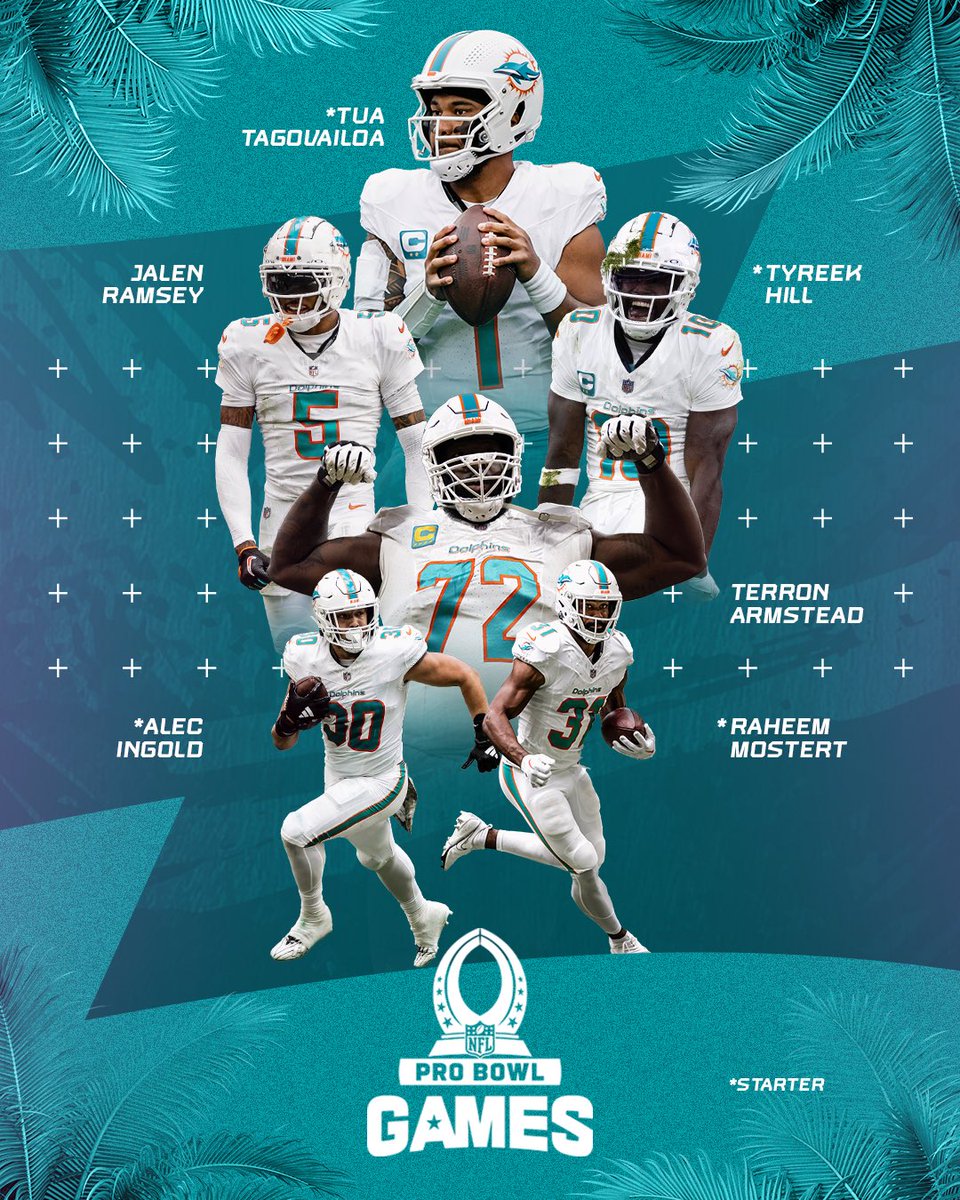 PRO BOWL FINS! 🐬 🌟 @Tua 🌟 @JalenRamsey 🌟 @Cheetah 🌟 @T_Armstead72 🌟 @AI_XLV 🌟 @RMos_8Ball