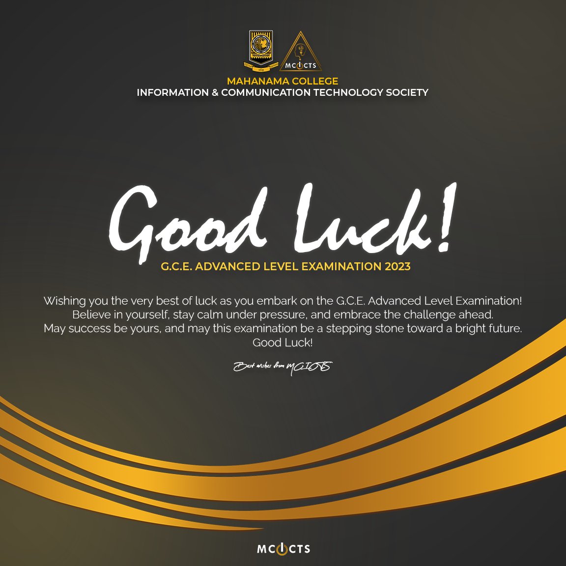 _mcicts_'s tweet photo. All the best on the Advanced level exam!

Wishing you the strength to conquer challenges and the wisdom to ace every question. May your knowledge flow effortlessly, and success be your constant companion.
You've got this!

#mcicts
#mcicts24
#Mahanama_College

MCICTS©2023 https://t.co/qeFLuYQEzC