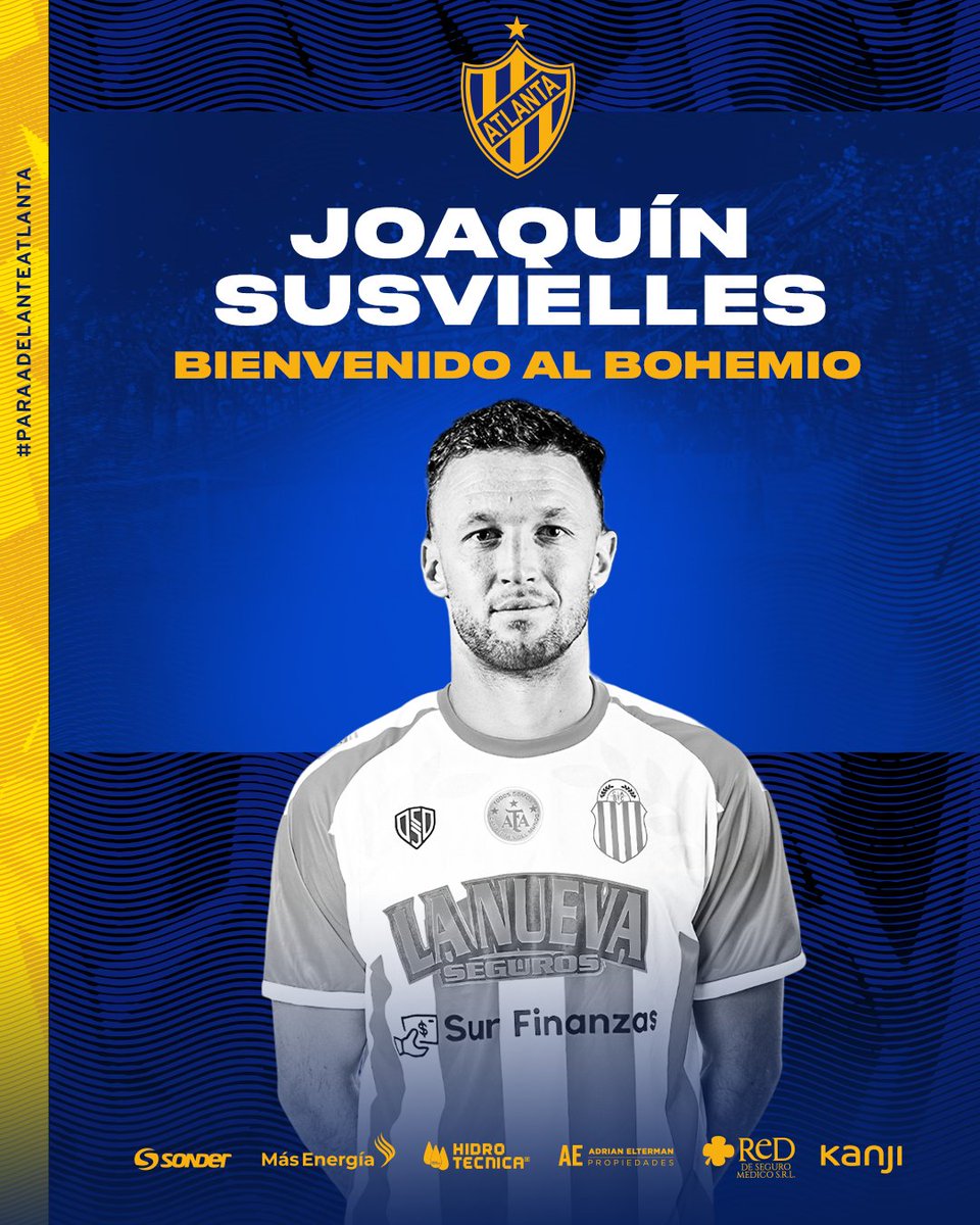 atlantaoficial's tweet photo. Joaquín Susvielles es nuevo jugador del Bohemio 🇺🇦

El delantero de 32 años proveniente de Barracas Central firmó con el Club hasta diciembre de 2024.

#ParaAdelanteAtlanta 🟡🔵 https://t.co/YPLSwqeDIV