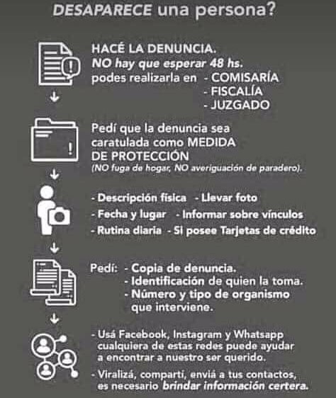 desaparecidaorg's tweet photo. Si desaparece una persona, lo primero que debes hacer es denunciar de inmediato. Nadie te puede exigir que esperes 24 o 48 hs, la Policía y Fiscalías tienen obligación legal de tomar tu denuncia en el acto. Las primeras horas son fundamentales! Por favor ayudanos a compartir!🙏 https://t.co/vQawNsgyY6