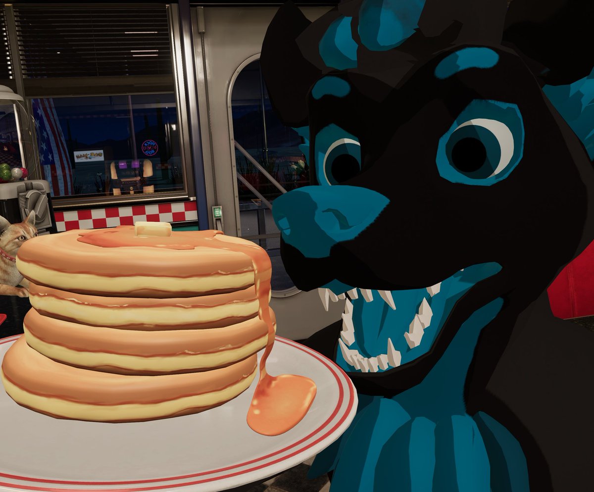 whensnakessing's tweet photo. ME GOT BIRTHDAY PANCAKES 🥞🎉🎂 #vr #vrchat #furry #furryvr #whensnakessing https://t.co/H7zxMUTdvK
