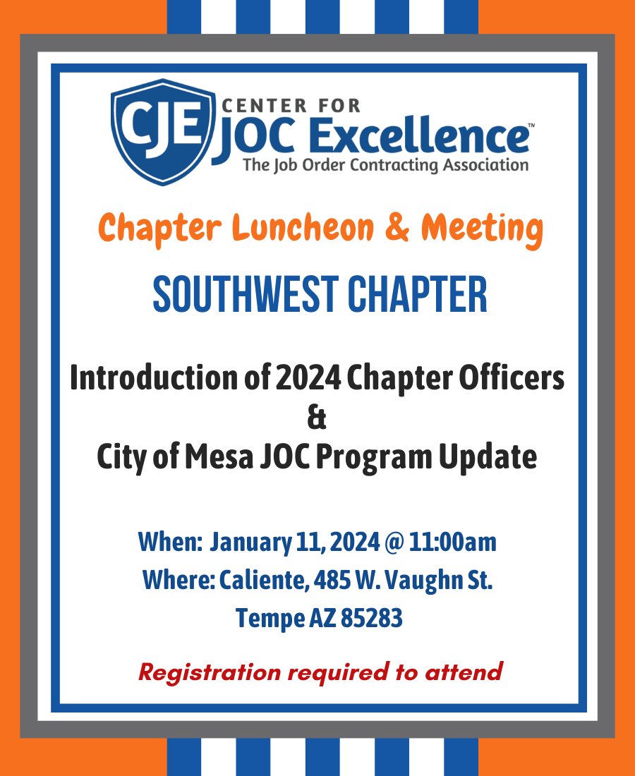 JOCExcellence's tweet photo. Calling all #Southwest chapter members and interested in learning more about the #CJE. We have a lunch meeting on 1.11.24 you may be interested in attending. We will be swearing in the new chapter officers and having a @CITYOFMESA #JOC program update. https://t.co/4go0MMrbst https://t.co/KagZsCCgwC