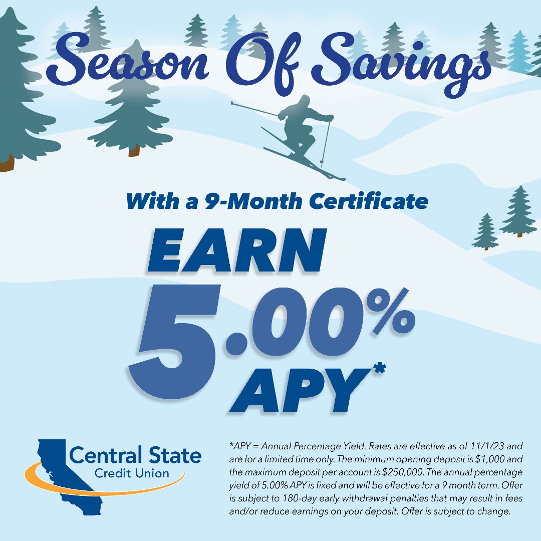 CentralStateCU's tweet image. Tired of trying to figure out how to build your #savings in the constantly changing financial market? Earn a fixed rate of 5.00% APY* &amp;amp; watch your money grow automatically with a 9-Month Certificate of Deposit!* ✨ Learn more at any branch or call 209-444-5300.
#savingsaccount