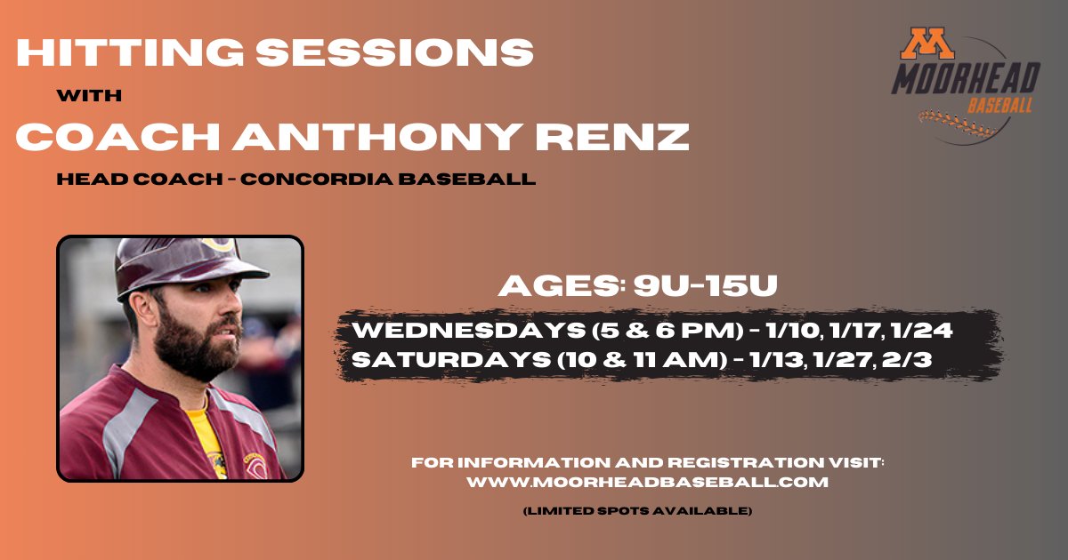 MhdYthBaseball's tweet image. ❗️Hitting Sessions with Coach Renz !❗️
Moorhead Youth Baseball is excited to team up with Concordia Baseball Head Coach, Anthony Renz, for hitting sessions throughout the next month! 

For more information and to register: moorheadbaseball.com/Default.aspx?t…