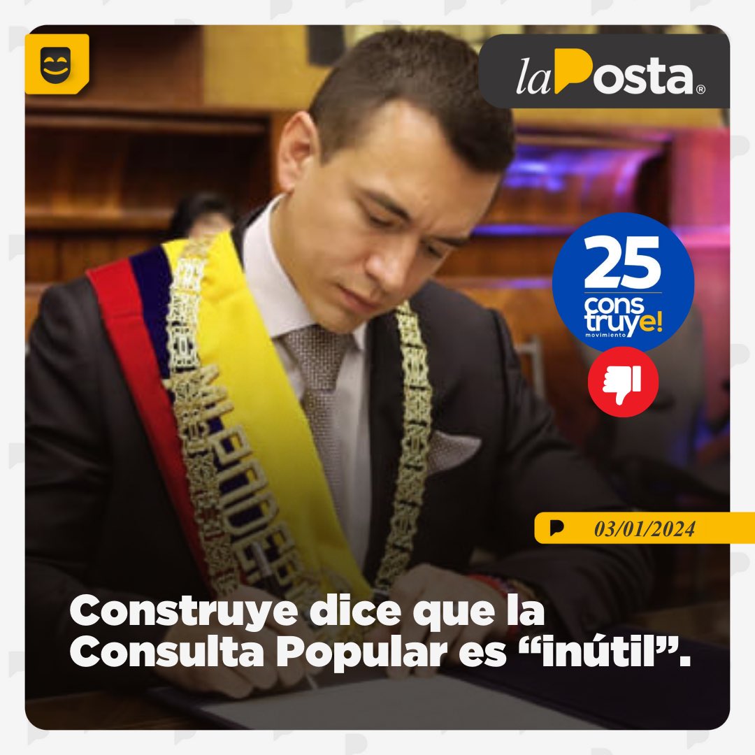 LaPosta_Ecu's tweet photo. Construye se suma a la lista de movimientos y bancadas que no apoya las 11 preguntas de la Consulta Popular. Ellos sugieren, por ejemplo, que se agregue la extradición de cabezas criminales y que se prohíba, de por vida, ejercer la profesión a los abogados que colaboren a criminales.