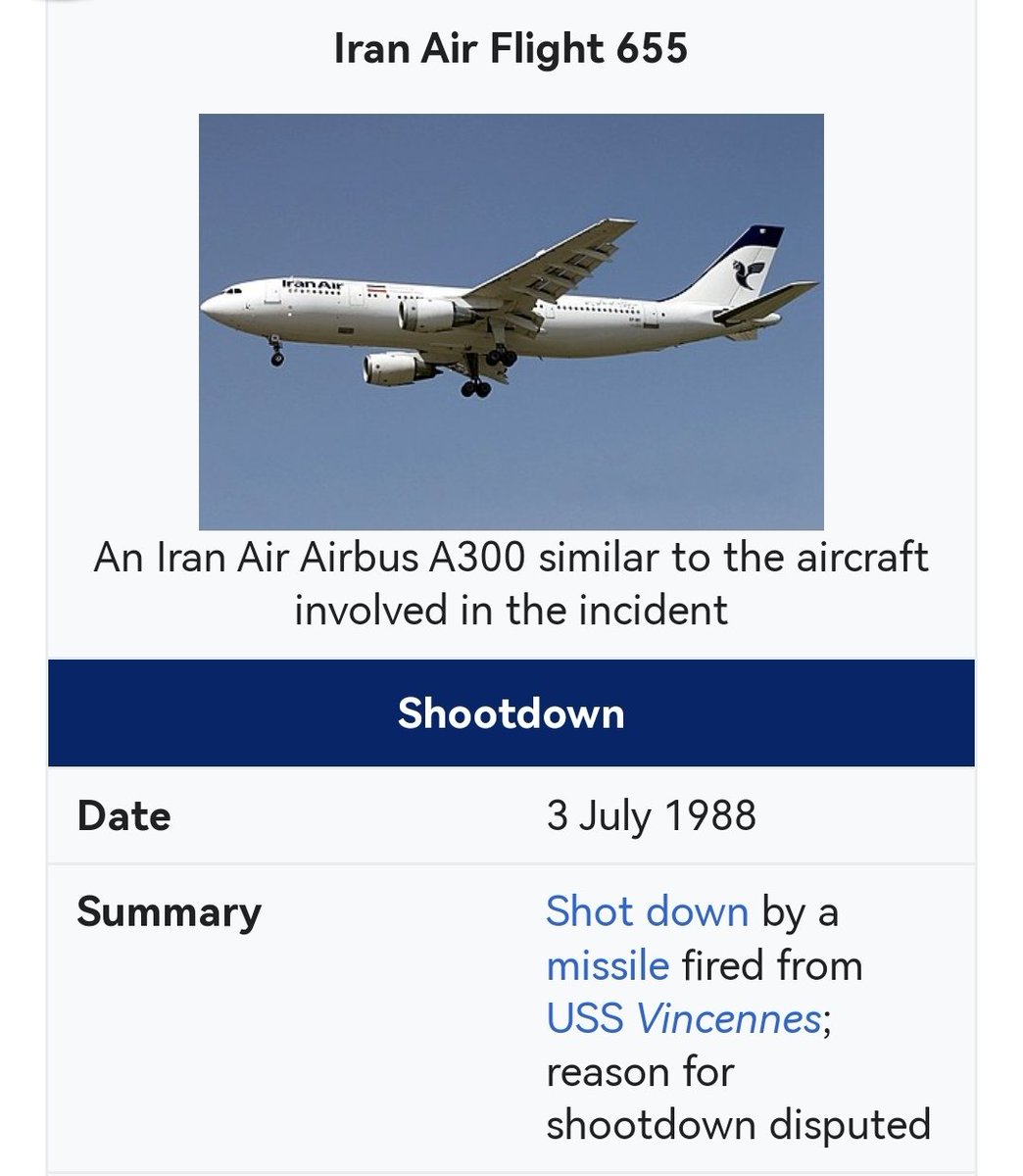 Clivegraham83's tweet photo. @AfshinBehran @JSasuke858 @Jewtastic America shot that one down, they admitted it, Iran Air flight 655. Get you're facts right it's one Google search https://t.co/KzM8b5Zywr