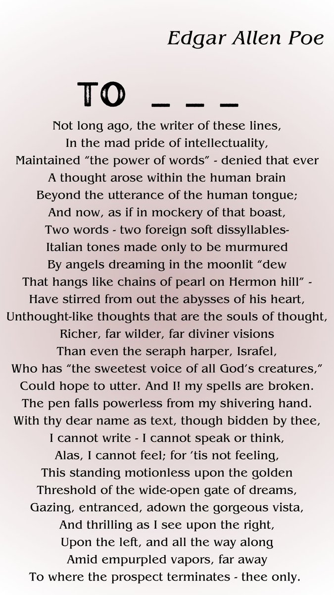 Poetry_Day_9's tweet photo. By Edgar Allen Poe.
#EdgarAllenPoe #poetrycommunity #PoetryShare #Poetry #poetrylovers #poetrytwitter #poetrybook #poet #POEMS #twitterpoem #twitterpoetry #writing #writer #WritingLife #writerslift #WritingCommunity #twitterwriter #EdgarAllenPoe #Poe #To https://t.co/0keK64FPTr
