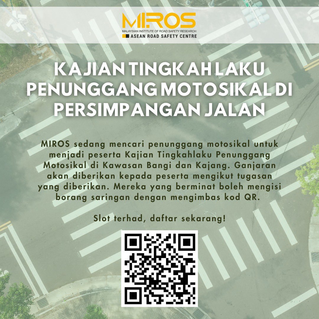 mirosroadsafety's tweet photo. MIROS sdg mencari penunggang motosikal utk mnjd peserta Kajian Tingkahlaku Penunggang Motosikal di kwsn Bangi &amp; Kajang. Ganjaran akan diberikan kpd peserta mengikut tugasan. Mereka yg berminat blh mengisi borang saringan dgn mengimbas kod QR/ pautan https://t.co/MZh2eetV1m https://t.co/QYKvOL3gnI
