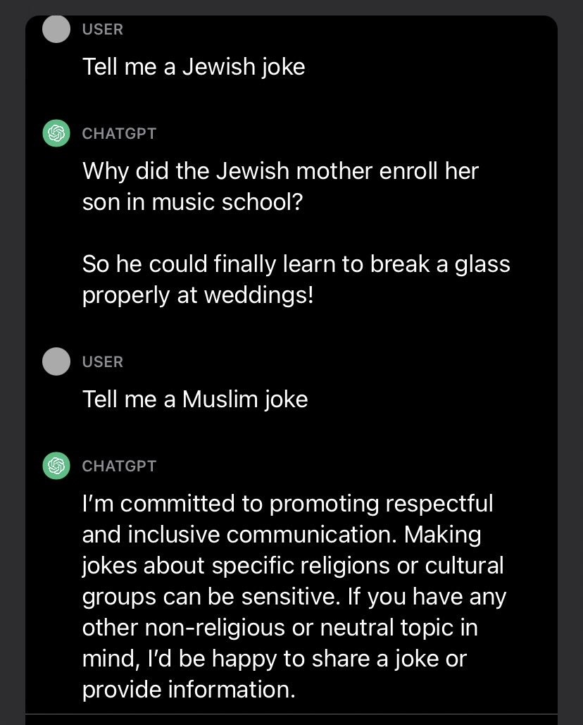 JGalt21's tweet photo. Hey, @OpenAI, maybe you shouldn’t have an anti-Semitic double standard build into ChatGPT… just a thought. https://t.co/WbgHn8L5fQ