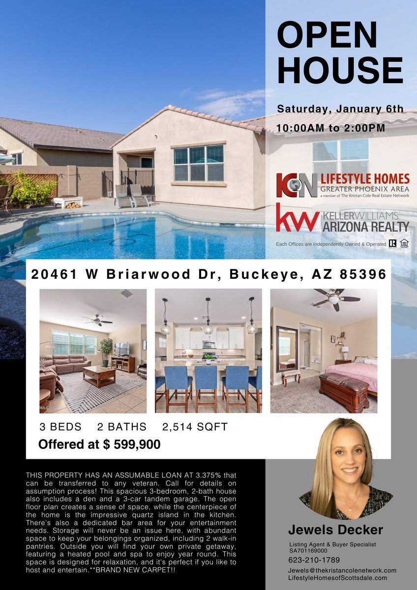 KWArizonaHomes's tweet image. ✨ Open House Invitation! ✨

🏡 20461 W Briarwood Dr, Buckeye AZ 85396
📆 January 6 l Saturday 
⏰ 10:00 AM to 2:00 PM

Listed by Julie Decker, KW Arizona Realty
☎️ (623) 210-1789
📧 Jewels@thekristancolenetwork.com
🌐 lifestylehomesofscottsdale.com

#JanuaryEvent