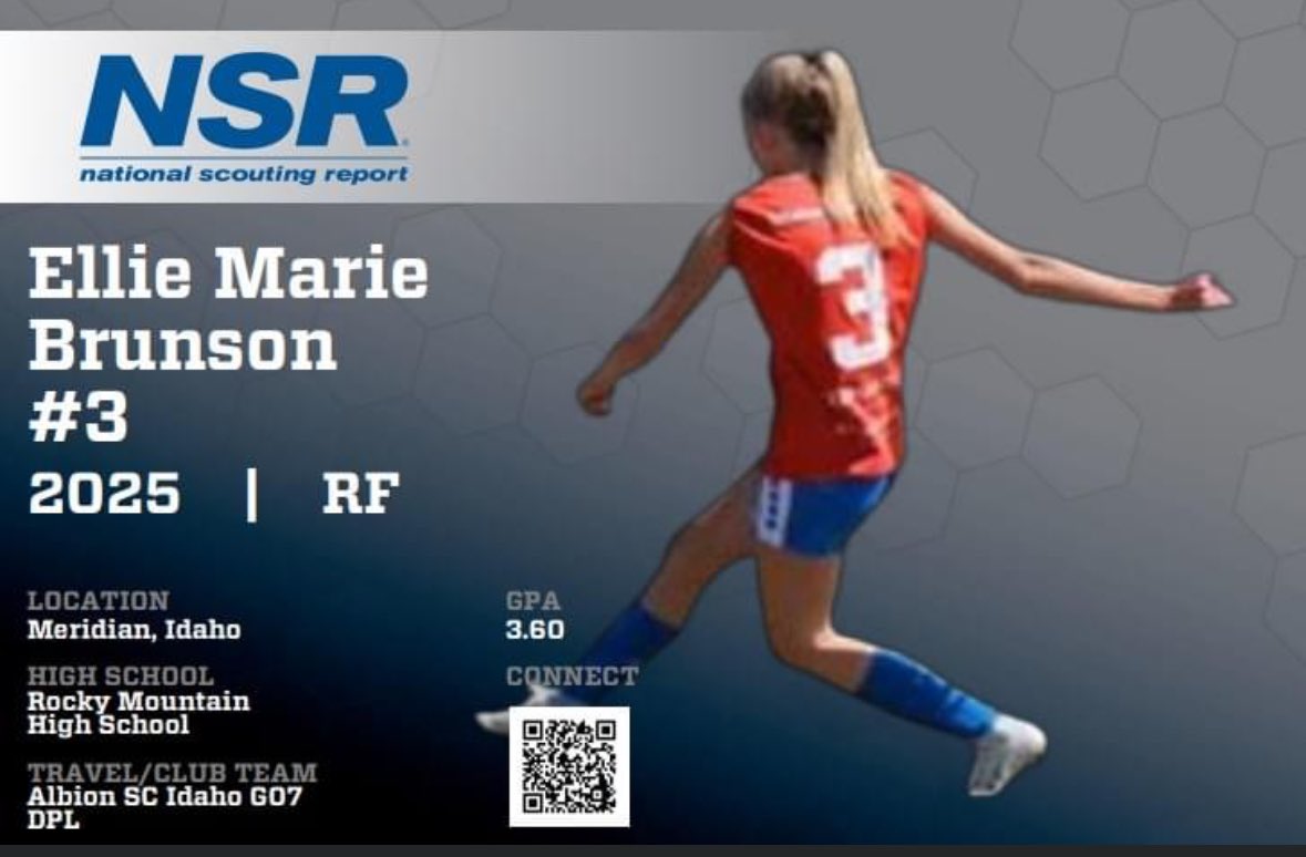 ⚽️🚨WELCOME ANNOUNCEMENT🚨⚽️
Please help me welcome NSR Soccer's 2025 Ellie Marie Brunson from Rocky Mountain High School, ID and the Albion SC Idaho G07 DPL. 

evo.nsr-inc.com/16/Ellie%20Mar…

📧jmudge@nsr-inc.com📱609-206-1647
#NSRsoccer #nsrdifference

National Scouting Report: Soccer