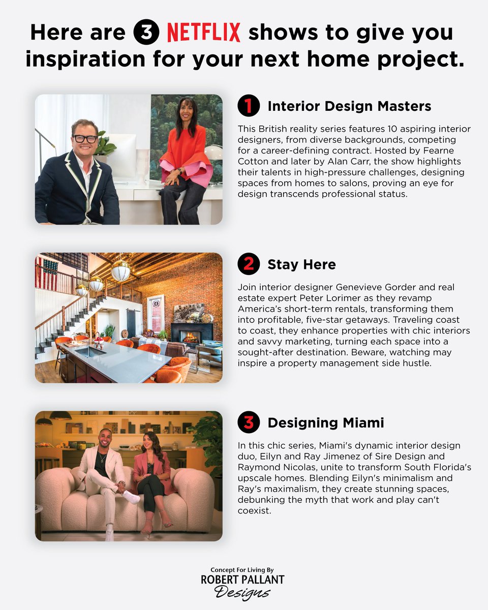 RobertPallant's tweet photo. Elevate your home in 2024 with inspiration from the best! 🏡✨

Dive into the world of design with Robert Pallant Designs as we explore three binge-worthy Netflix shows: Interior Design Masters, Stay Here, and Designing Miami. 🎬🛋️

#Netflix https://t.co/5VK2pVqNYv