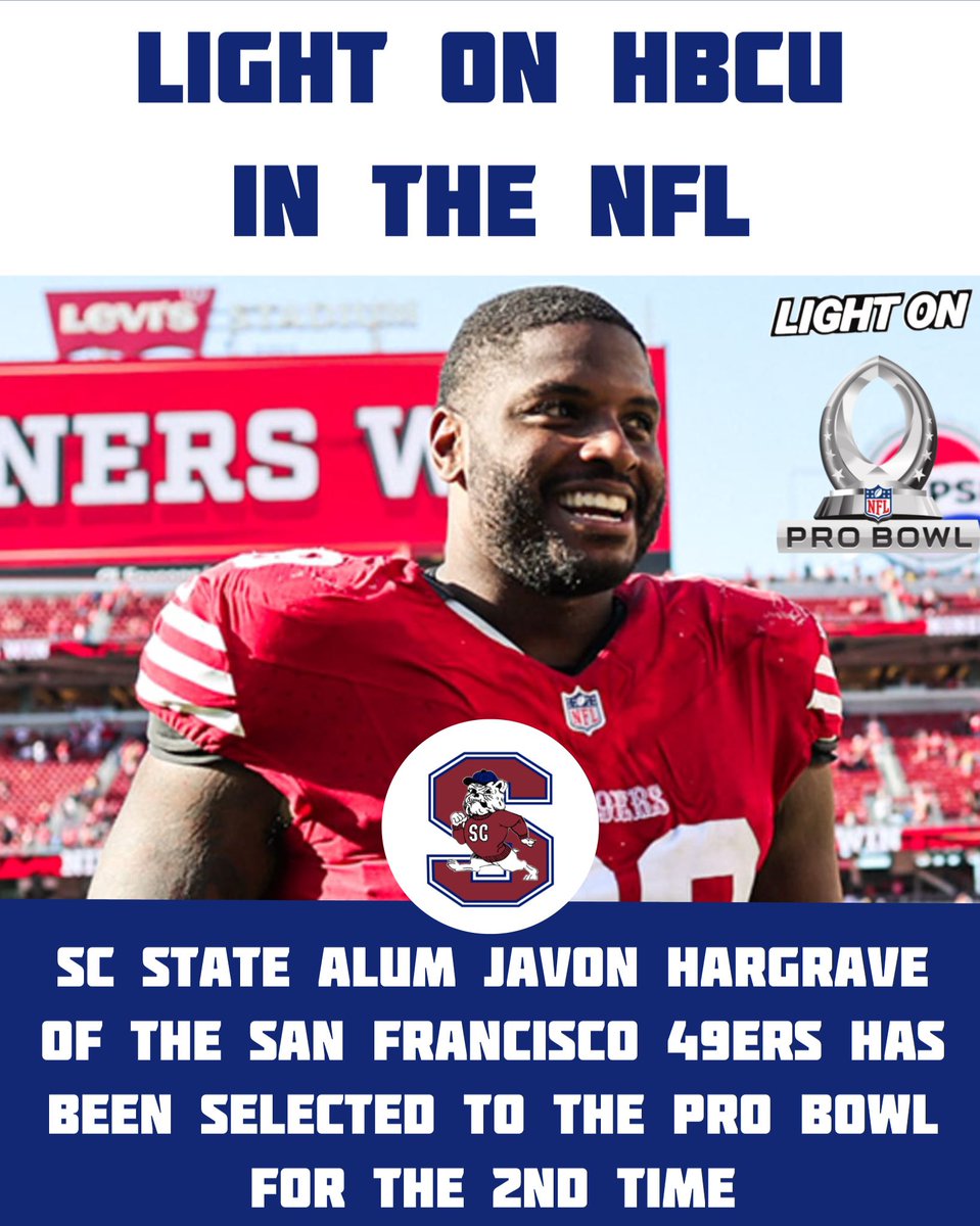 LightOnSports's tweet image. SC State alum Javon Hargrave of the San Francisco 49ers has been selected to the Pro Bowl for the 2nd time. 🔥

@Jay_MostWanted @SCState_Fb 

📸: @Jay_MostWanted