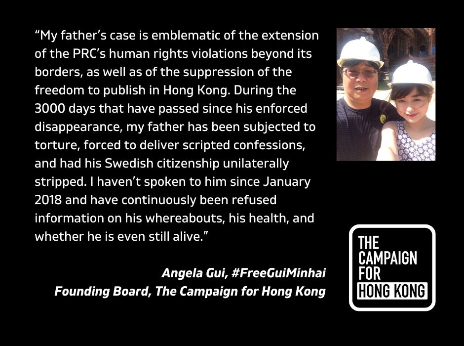 Today marks 3000 days since #GuiMinhai was abducted. 'My father has been subjected to torture, forced to deliver scripted confessions, and had his Swedish citizenship unilaterally stripped. I (don't know)...whether he is even still alive.” @angelagui_