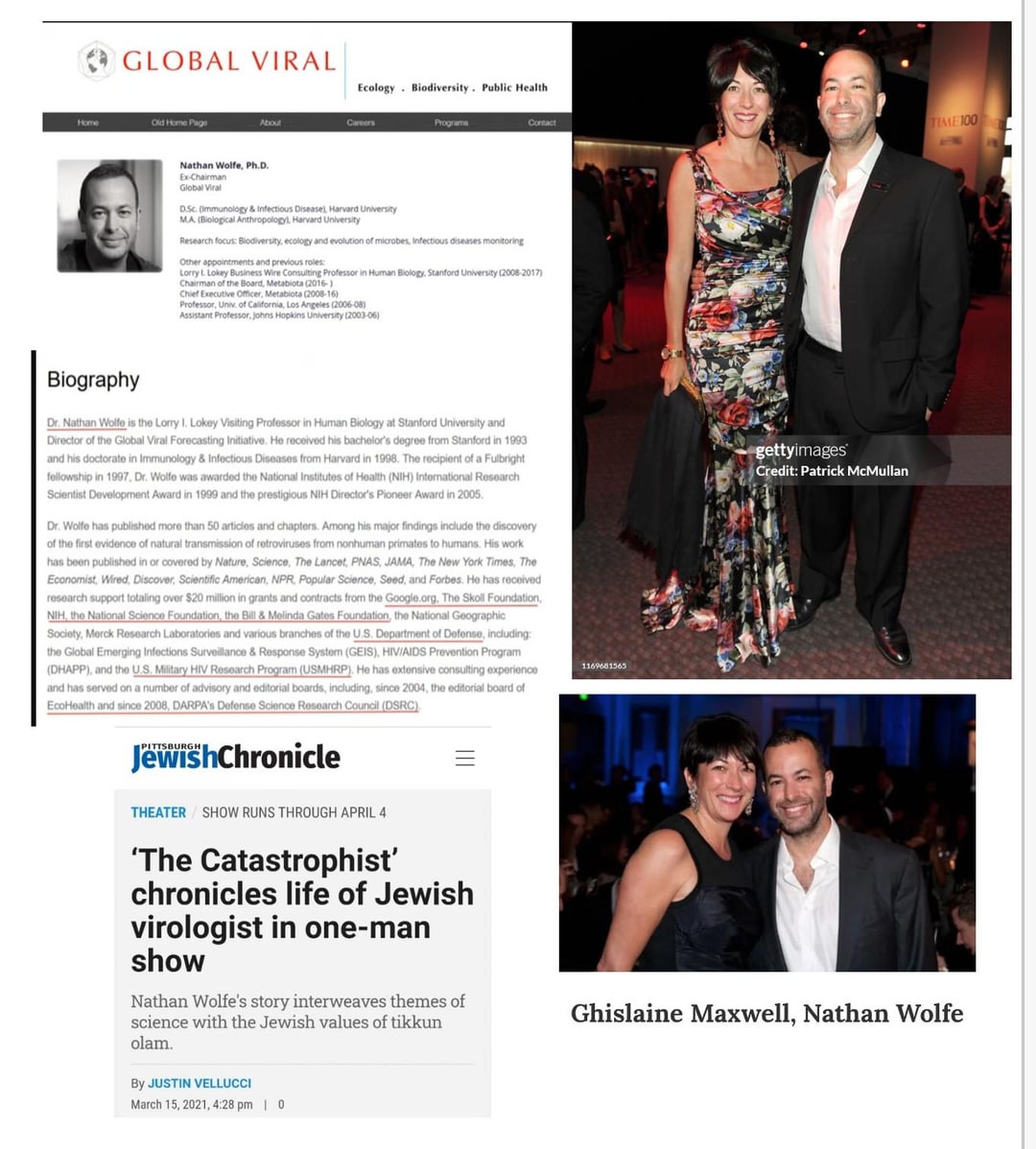 CnsprtrlRprt's tweet photo. Meet Nathan Wolfe. Works for DARPA/EcoHealth/Gates Foundation. Known as "the virus hunter." His company "Global Viral" worked with Wuhan Lab to acquire bat coronaviruses for gain-of-function research. He's BFF with Jeffrey Epstein and Ghislaine Maxwell.
Weird how this guy's name never came up. He dedicated his book "Viral Storm" to Jeffrey Epstein and Boris Nikolic, Gates' Science Advisor and executor to Epstein's will. Nathan Wolfe also founded Metabiota, a Ukraine biolab funded by Hunter Biden.