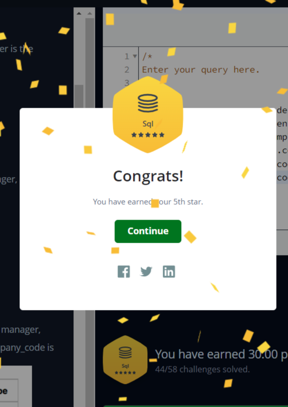 shivankamwar's tweet image. Thrilled to announce I've clinched the Gold Badge for SQL on HackerRank! ๐
โจ
Check out my profile:-
hackerrank.com/shivankamwar?bโฆ
#SQLGold #CodingAchievement #HackerRank