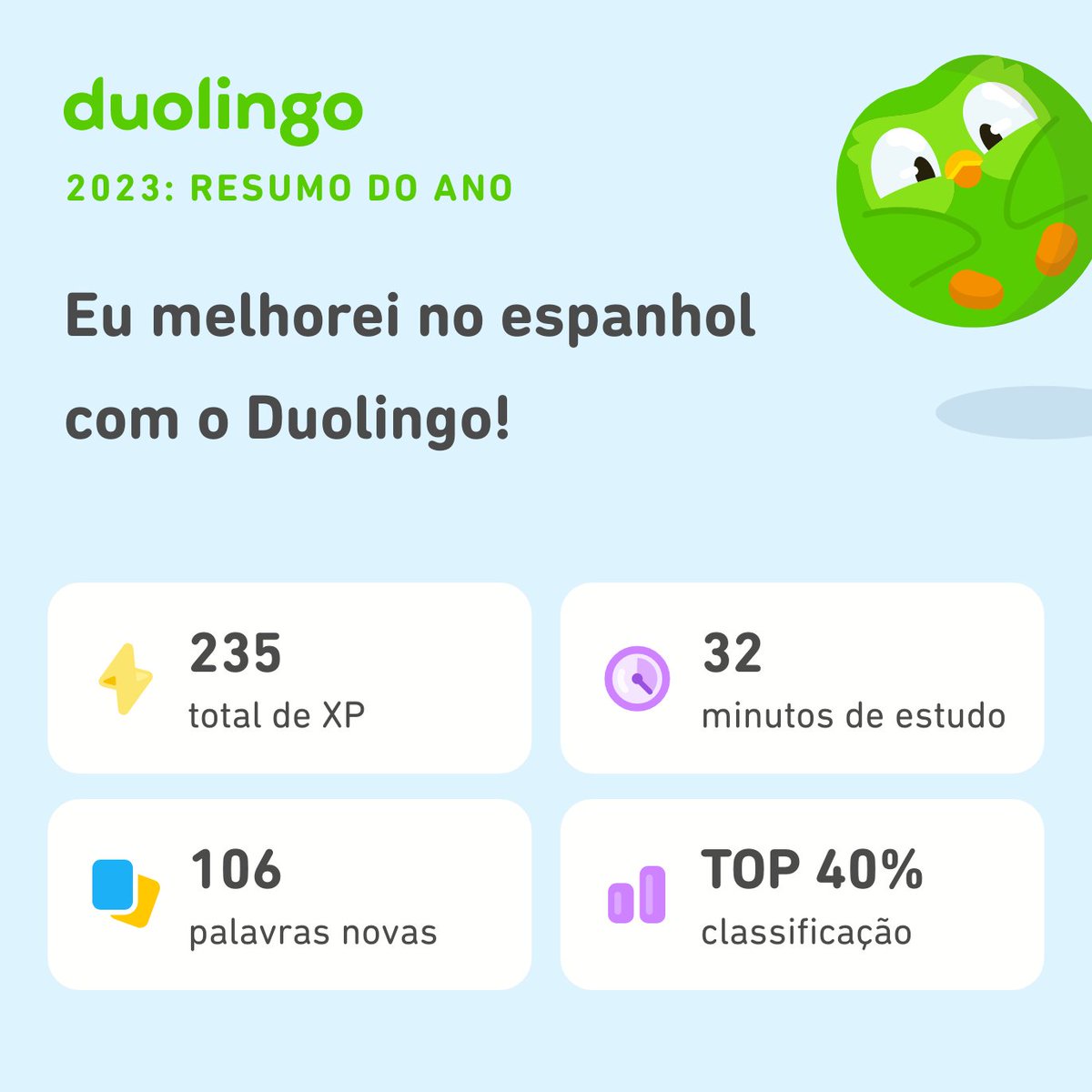 loramaida's tweet photo. Veja quanto eu aprendi no Duolingo em 2023! Quanto você aprendeu? #Duolingo365 https://t.co/BcsDasDwQl