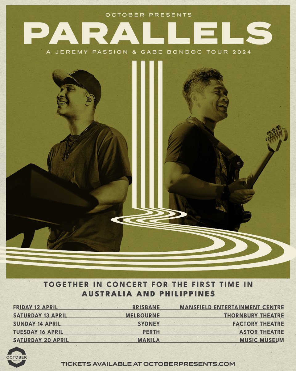OctoberPresents's tweet photo. 𝐏𝐀𝐑𝐀𝐋𝐋𝐄𝐋𝐒
𝘼 @jeremypassion 𝙖𝙣𝙙 @gabebondoc 𝙏𝙤𝙪𝙧
Together in concert for the first time in Australia and Philippines

𝐓𝐢𝐜𝐤𝐞𝐭𝐬 𝐨𝐧 𝐬𝐚𝐥𝐞 𝐧𝐨𝐰
⇢ https://t.co/kHtrFmROFF https://t.co/hTMyeD9knw