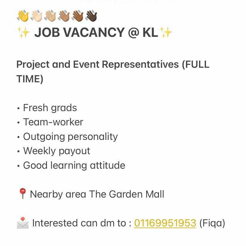 ellegrey1118's tweet photo. Immediate hiring 📣✨

@twt_kerjaMY @kerjakosong123 @Oh_KerjaKosong @Jobkerjaya @twt_kerja @kerja_kosongMY @ejawatankosong @MusKerjaKosong 

#OhKerjaKosong #KerjaKosong #JawatanKosong #KerjaKosongTerkini #jobvacancy #peluangkerjaya #carikerja #jobstreet #kerjakosongkl #iklankerja https://t.co/6Y8h8oTnIJ
