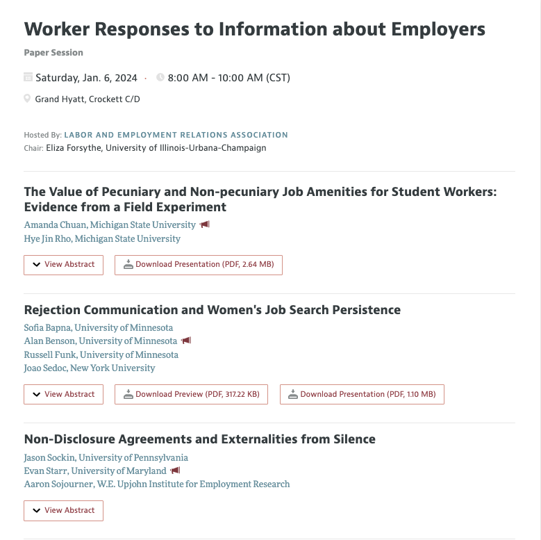 amanda_chuan's tweet photo. How do workers respond to employer characteristics? Our session starts off bright &amp; early Saturday @ #ASSA2024 - looking forward to presenting new work, joint with @hj_rho. Also excited to see what @alanmbenson and @evanpstarr have in store. Thanks to @ElizaForsythe for chairing! https://t.co/MY8XM7blsn