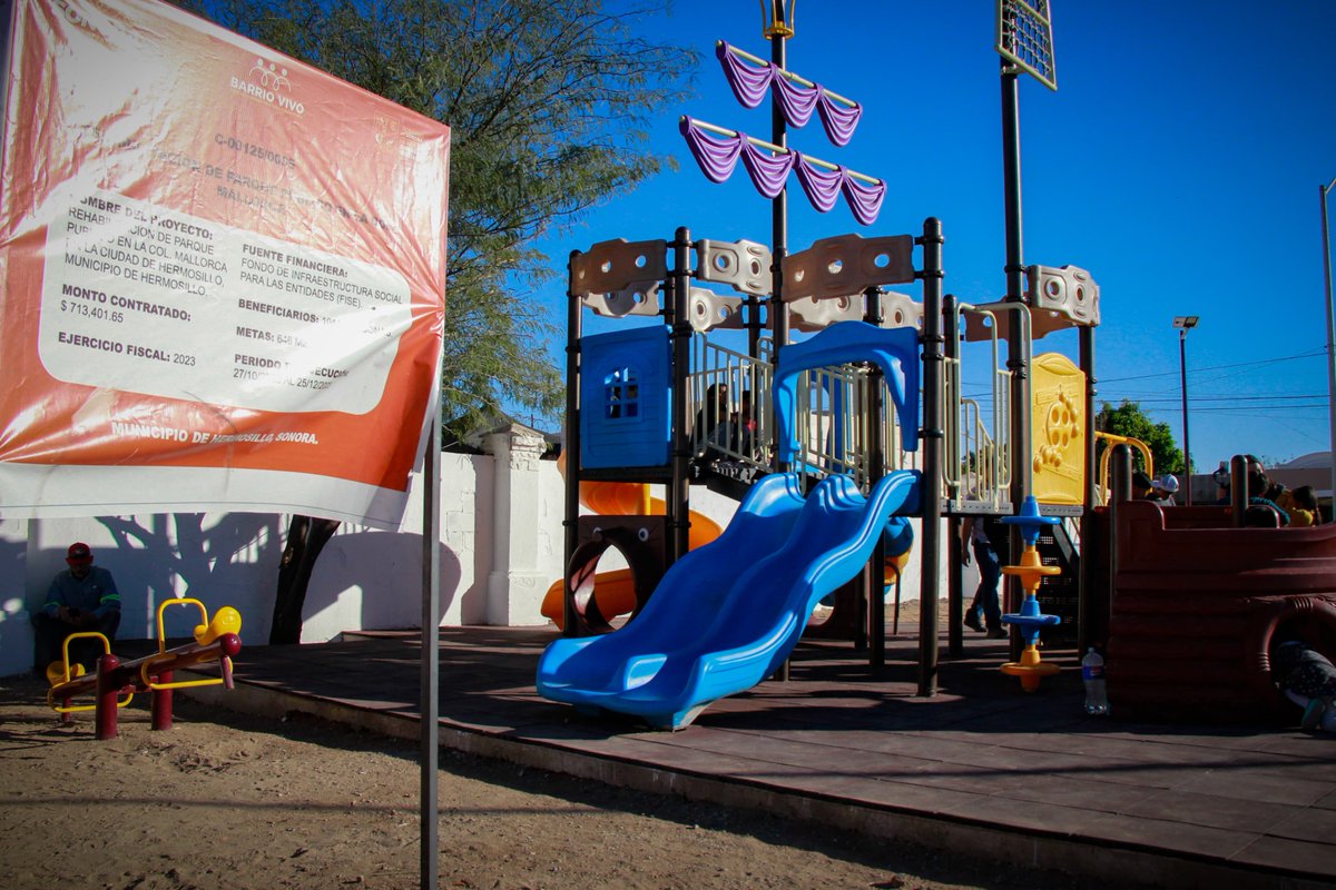 SonoraBienestar's tweet photo. 🌳 🛝 En la Col. Mallorca entregamos uno de los parques intervenidos a través del programa Barrio Vivo; que consta de dos espacios públicos rehabilitados con una inversión de 1.5 mdp para la instalación de un juego central con temática, luminarias solares, piso firme y de caucho. https://t.co/Wgv6IoBl6U