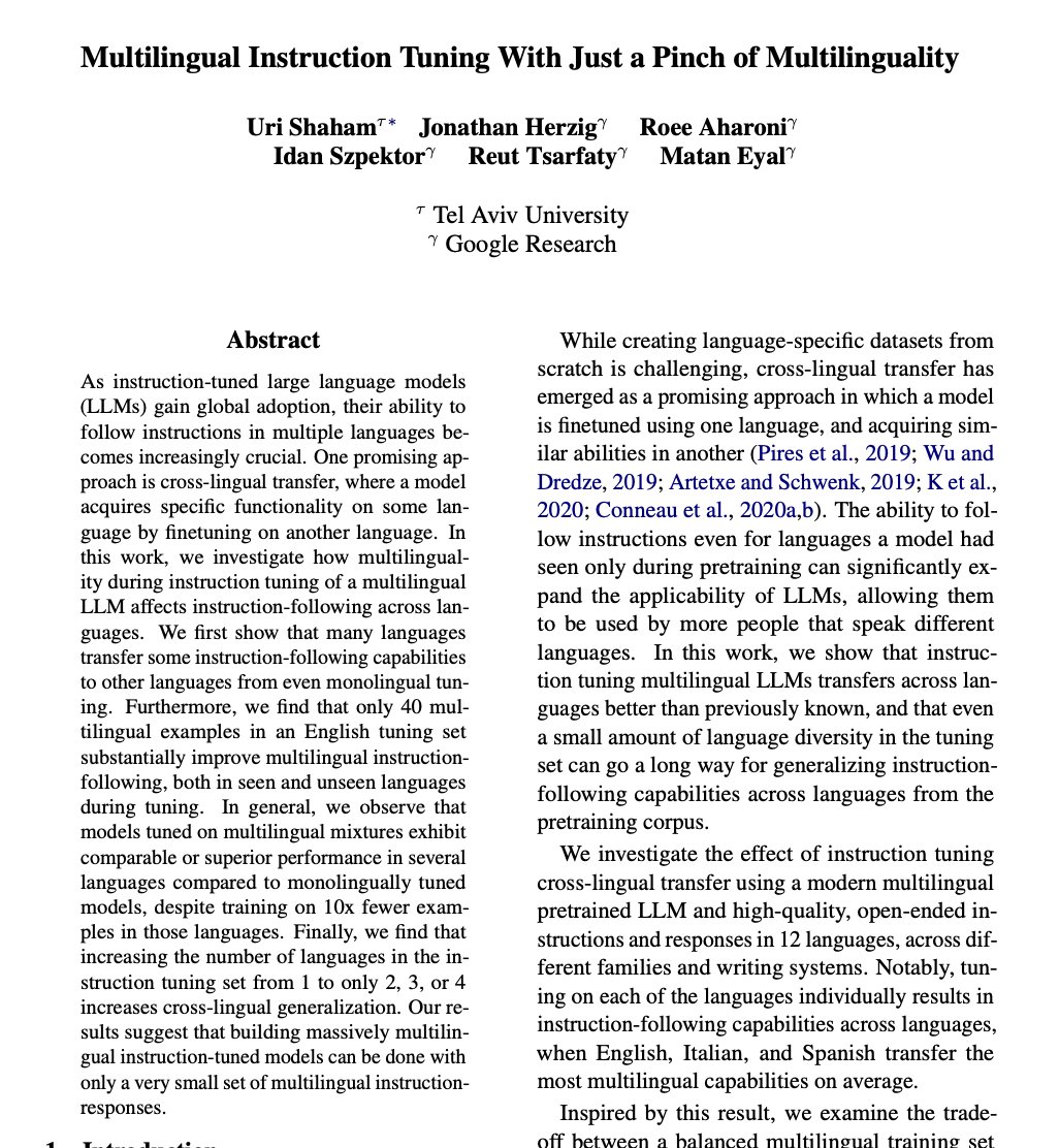 Multilingual Instruction Tuning With Just a Pinch of Multilinguality

paper page: huggingface.co/papers/2401.01…

As instruction-tuned large language models (LLMs) gain global adoption, their ability to follow instructions in multiple languages becomes increasingly crucial. One