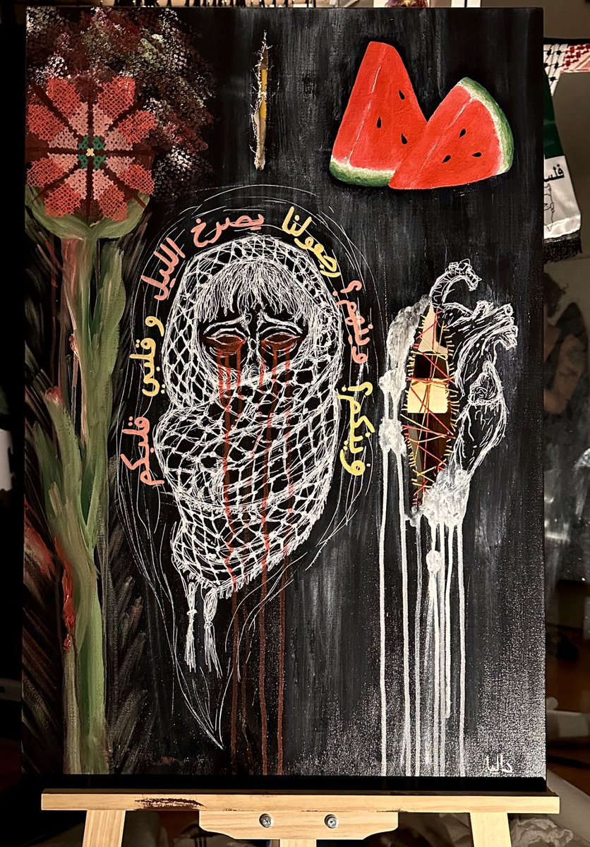 normalarab's tweet photo. nstitched, acrylic and thread on 20x30 canvas, first finished project of 2024. 
a piece on grief and revolutionary hope.
(sorry it posted it all messed up the first time) https://t.co/xwNi0ADTva