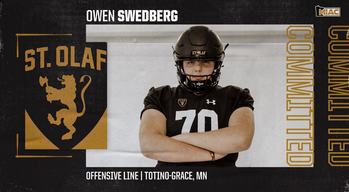 Owen Swedberg (@swedbergowen) on Twitter photo After much consideration and talking with my family, I have decided to commit to St. Olaf to further my athletic and academic career. I want to thank all those who helped me, including teachers, coaches, and teammates. #defendthehill <a href="/TGEagleFootball/">TG Eagle Football</a> <a href="/StOlafFB/">St. Olaf Football</a> <a href="/JamesKilian/">James Kilian</a> After much consideration and talking with my family, I have decided to commit to St. Olaf to further my athletic and academic career. I want to thank all those who helped me, including teachers, coaches, and teammates. #defendthehill <a href="/TGEagleFootball/">TG Eagle Football</a> <a href="/StOlafFB/">St. Olaf Football</a> <a href="/JamesKilian/">James Kilian</a>