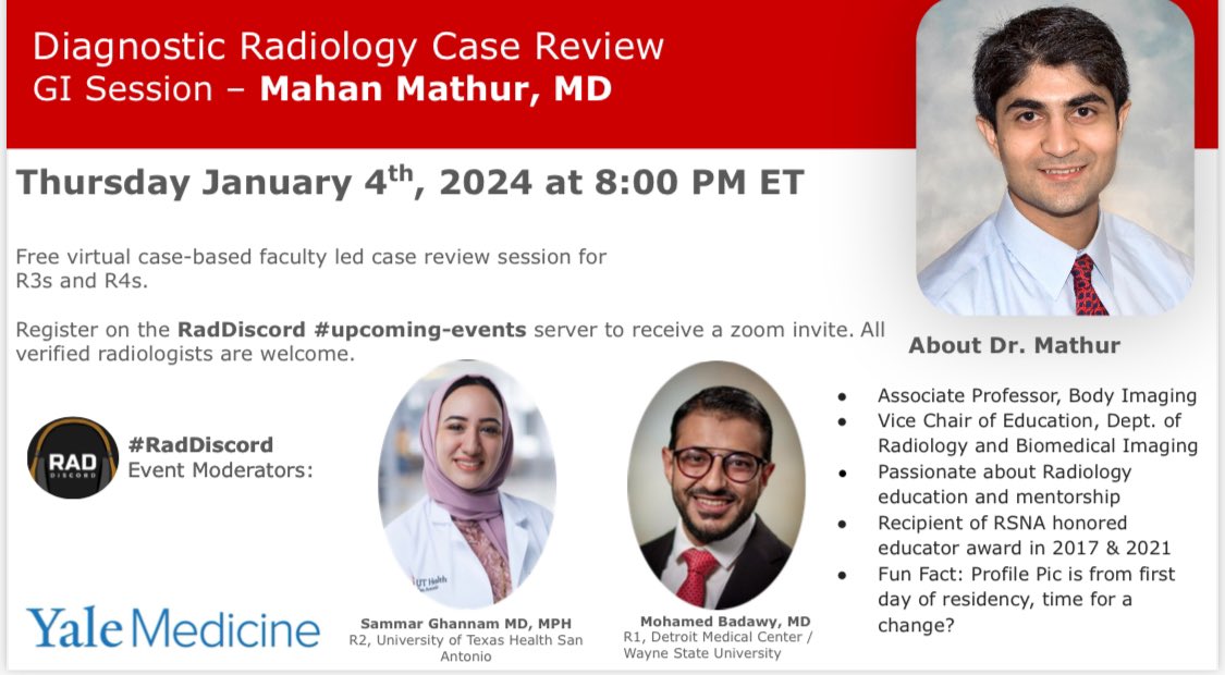 RadDiscord (@raddiscord) on Twitter photo Thursday January 4th, 2024 at 8:00 PM ET
Case Review Session with <a href="/Mahan_Mathur/">Mahan Mathur</a> - GI cases
See y’all tomorrow!!!! 🤓
<a href="/DrOverfieldMD/">Cameron J Overfield, MD</a> <a href="/totallyskates/">Grace G. Zhu, MD</a> @garciapiresmd <a href="/FatimaElahi21/">Fatima Elahi</a>
@DrCamHenry <a href="/MarcusKonner/">Marcus Konner, DO</a>
<a href="/Rads_is_rad/">Surbhi Raichandani</a> <a href="/DavidLPayneMD/">David Payne, MD, MS</a> <a href="/aarya_ramprasad/">Aarya Ramprasad, MD</a> Thursday January 4th, 2024 at 8:00 PM ET
Case Review Session with <a href="/Mahan_Mathur/">Mahan Mathur</a> - GI cases
See y’all tomorrow!!!! 🤓
<a href="/DrOverfieldMD/">Cameron J Overfield, MD</a> <a href="/totallyskates/">Grace G. Zhu, MD</a> @garciapiresmd <a href="/FatimaElahi21/">Fatima Elahi</a>
@DrCamHenry <a href="/MarcusKonner/">Marcus Konner, DO</a>
<a href="/Rads_is_rad/">Surbhi Raichandani</a> <a href="/DavidLPayneMD/">David Payne, MD, MS</a> <a href="/aarya_ramprasad/">Aarya Ramprasad, MD</a>