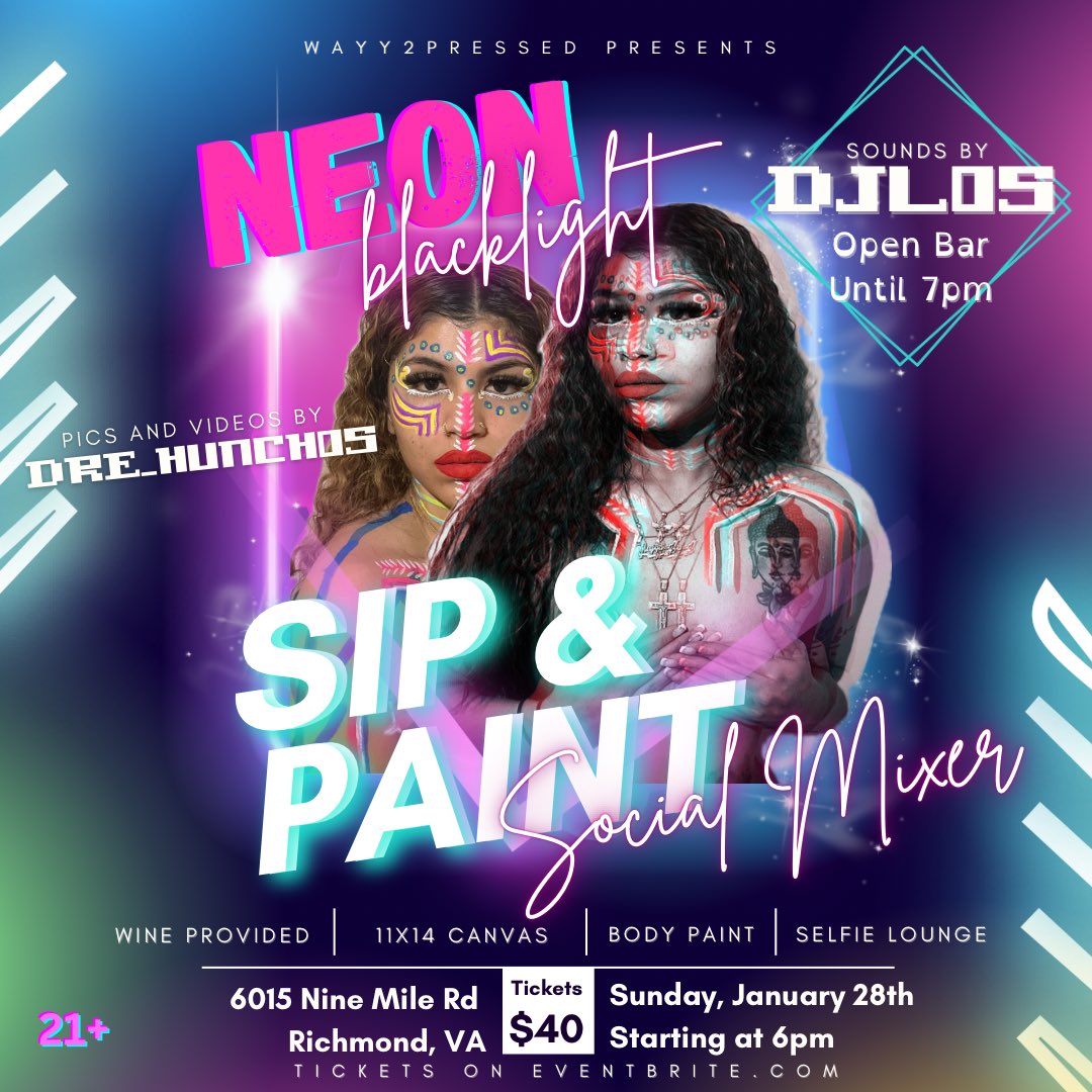 📣Get Your LIMITED EARLY BIRD TICKETS‼️😎 

-LINK IN BIO-

ALL Tickets Include:
✨Complimentary Wine
✨Open Bar 6pm-7pm
✨Full Access To Selfie Lounge
✨11x14 Canvas
✨Neon Acrylic & Body Paint

#rvaevents #neonparty #rvaselfielounge #rvasipandpaint
#rictoday #thingstodoinrva