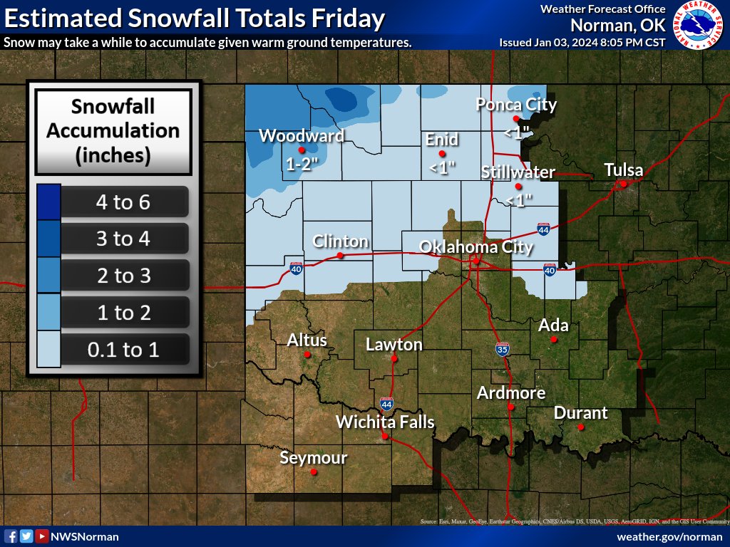 NWSNorman's tweet photo. *New* - A Winter Weather Advisory has just been issued for parts of northwestern Oklahoma for potential snow accumulations up to 3 inches, beginning 8PM Thursday to Noon on Friday. The Friday morning commute could be impacted.

*Updated* - Snowfall Totals Graphic

#okwx https://t.co/Dt9Kbvu4EM