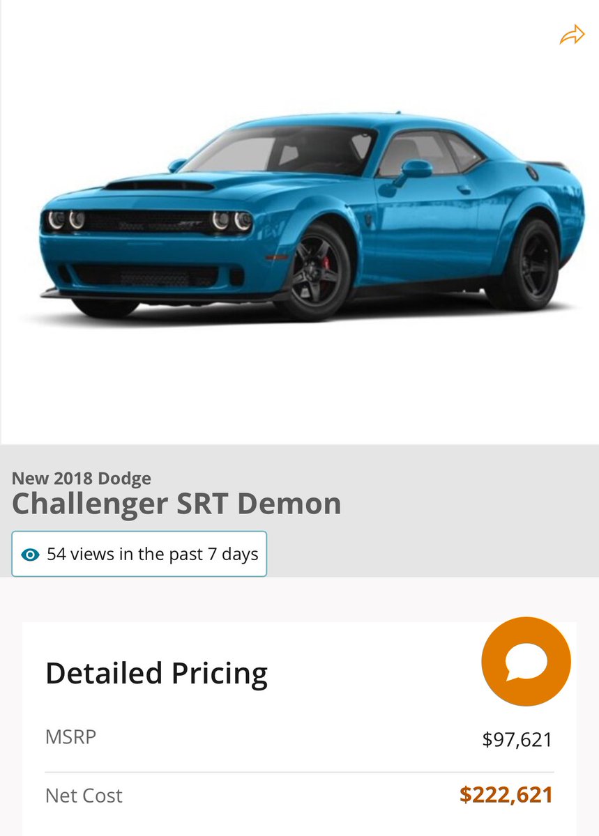 Vintageclash's tweet photo. The fact that @Dodge and CEO Kuniskis had to come in and BAIL OUT #machaik dodge tells you something about the industry.  But check out a GREAT example of @HBChryslerJeep charging over 100k over sticker… double what a 2023 Demon should be… and dodge doesn’t care… shit rolls down hill… keep in mind, most people screwed on Demon pricing had SIGNED contracts for MSRP pricing… Dealers said nahhh… If dodge cared they’d have a solution