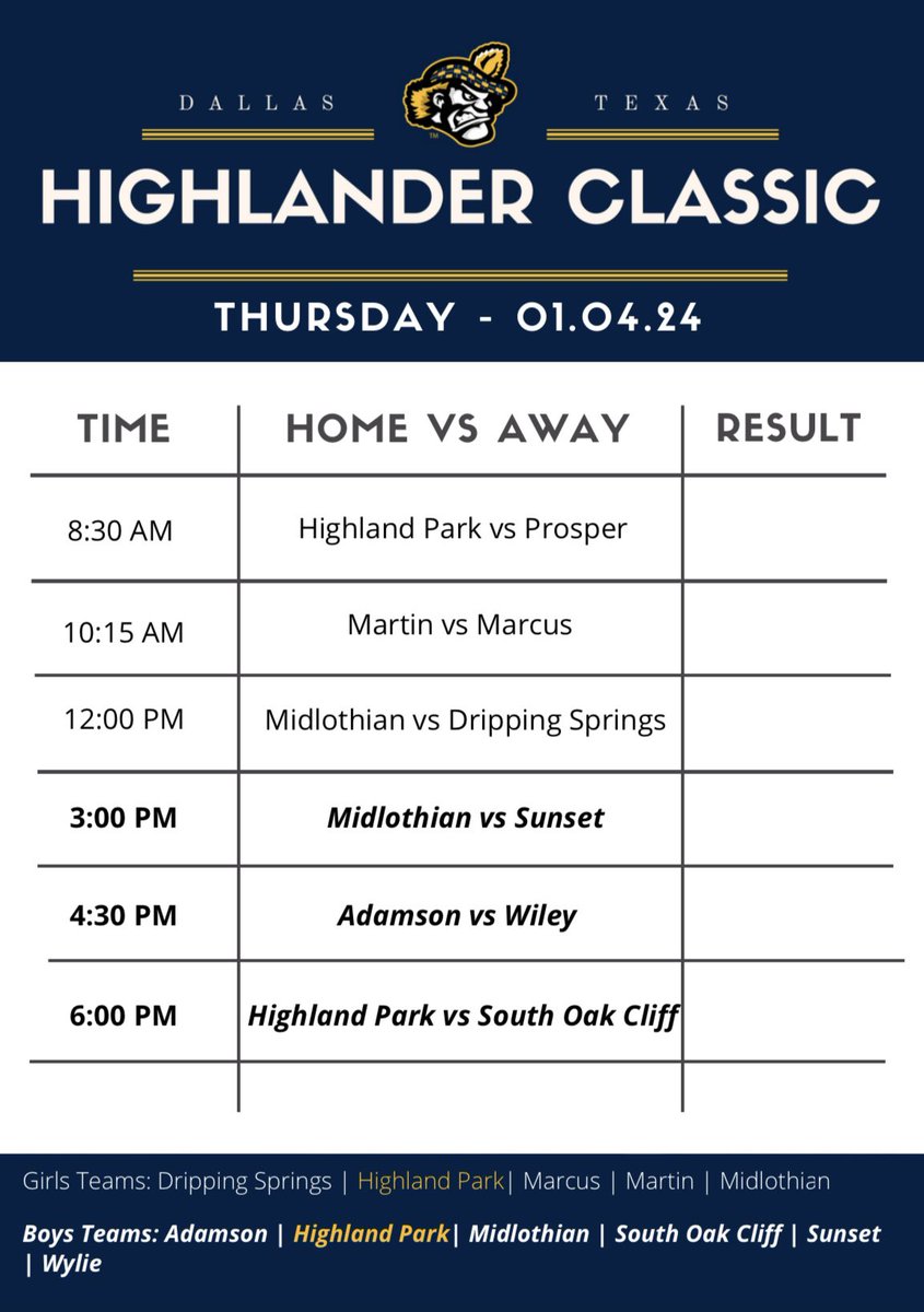 HPGirlsSoccer's tweet photo. Highlander Classic 2024 Schedule is 🔥#TourneyTime #HPClassic https://t.co/o8KrnyC3K9
