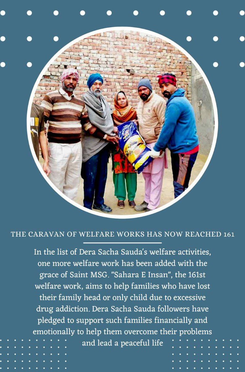 7February19801's tweet photo. One more work added by Gurmeet Ram Rahim Ji in the list of  welfare work. Whose name is #Sahara_E_Insan whose basic objective is to provide financial and emotional support to those suffering families who have unfortunately lost their head of the family  due to drug abuse https://t.co/b09cgxPNER